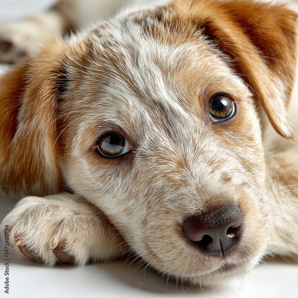 Poster Adorable red heeler puppy resting its head on its paws, showcasing its unique coat pattern and expressive eyes.  The image offers a close-up view, highlighting the puppy's soft fur and : Generative AI