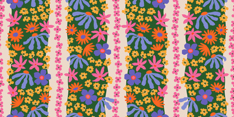 Trendy floral seamless pattern with vertical stripes. Modern flowers print design for fabric, textiles, clothing, packaging, cover, banner, home decor and backgrounds. Vector illustrations.