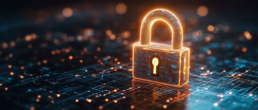 Glowing padlock symbol representing digital security on a futuristic circuit board background. - Powered by Adobe