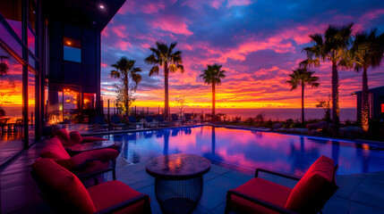 Fototapeta premium Luxurious infinity pool at sunset, modern home
