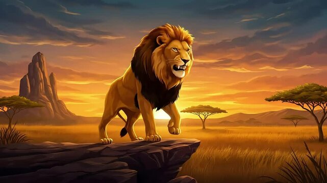 A Majestic Roaring Lion at Sunset in African Savannah &ndash; Wildlife Power & Beauty, Generative AI