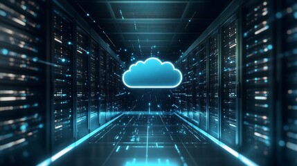 Cloud computing server room.  High-tech server rack interior with digital cloud icon