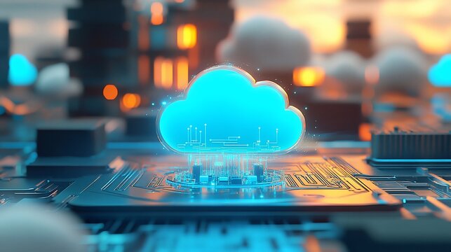 Cloud computing technology, futuristic cityscape backdrop, glowing circuit board