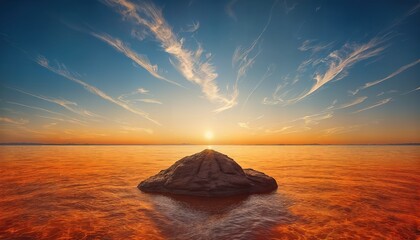 a solitary rock formation emerges from a fiery orange sea beneath a vibrant sunset streaked with wispy cirrus clouds.