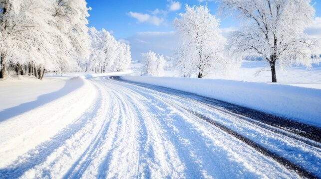 A winding snow-covered road curves through a winter landscape, flanked by frost-covered trees under a bright blue sky, creating a serene and picturesque scene. : Generative AI