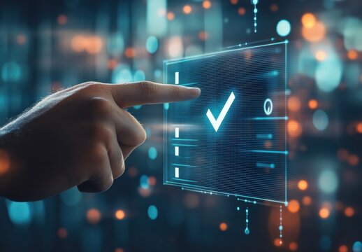 A hand interacts with a digital interface, selecting a checkmark on a checklist, signifying task completion or approval in a futuristic, technology-driven context. : Generative AI