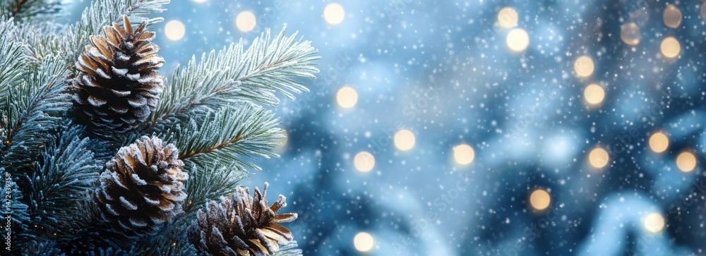 Poster Close-up of snow-covered pine branches with pine cones, bokeh lights, and falling snow in the background, creating a festive winter scene. : Generative AI