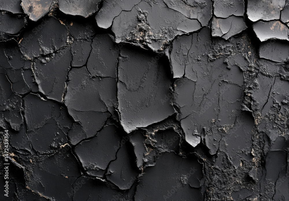 Poster dark, cracked texture resembling aged asphalt or dried earth, showing deep fissures and a rough, une
