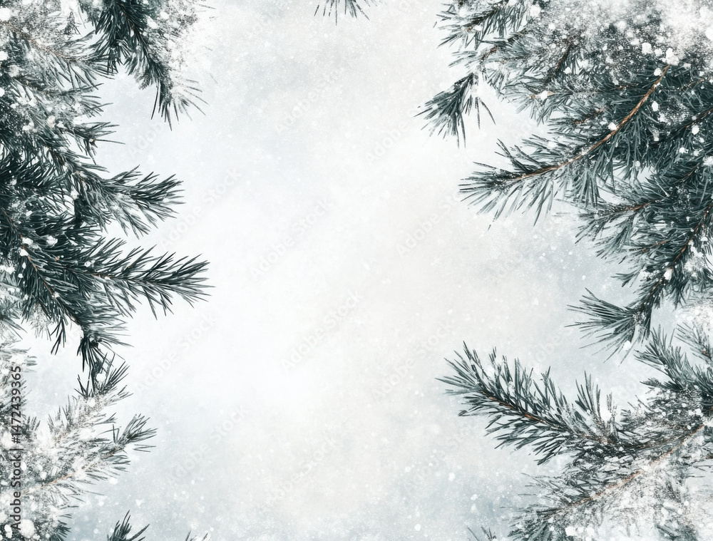 Poster snow-covered pine branches frame a winter scene, creating a serene and festive border perfect for ho