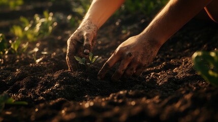 Hands Planting Seedlings in Garden Soil