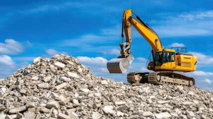 Yellow Excavator on a Pile of Construction Debris Under a Blue Sky