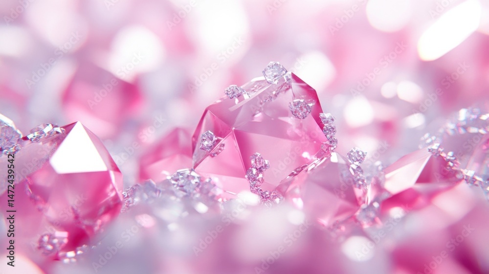 Aufkleber close-up view of a cluster of pink crystals, showcasing their intricate facets and shimmering surfac