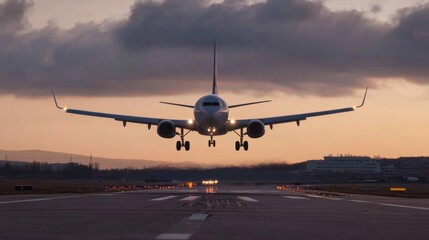 Fototapeta premium Airplane landing on runway at sunset, dramatic sky, front view, low angle shot, commercial flight, travel, transportation. : Generative AI
