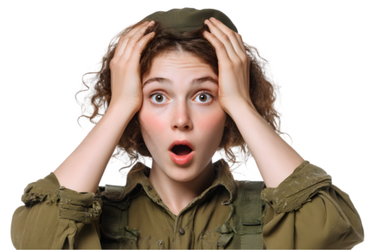 Astonished young woman in olive green military uniform holding head in hands shocked expression studio on transparent background