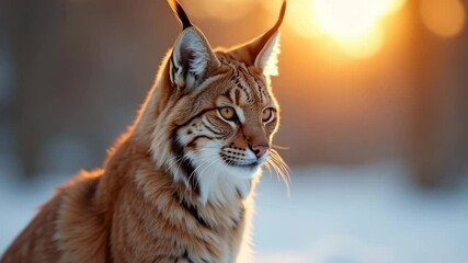 A stunning lynx gazes forward against a winter sunset backdrop. Concept of: Wild beauty in nature. - Powered by Adobe