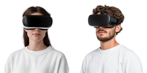 A man and a woman wearing virtual reality headsets, standing side by side in white shirts, tech concept, isolated on transparent background
