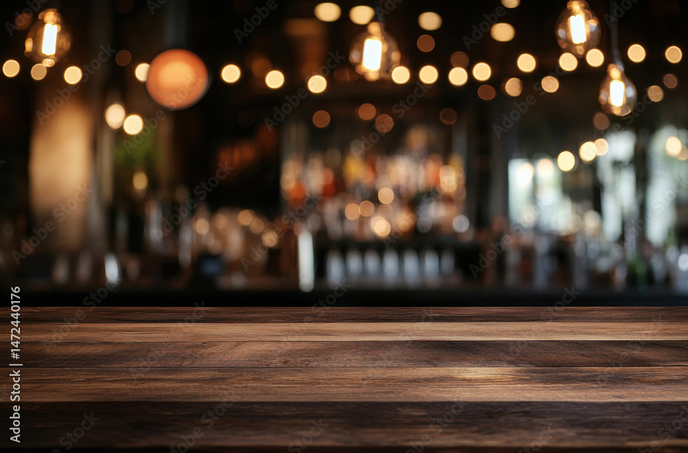 Fototapete Dark wooden table in front of a blurred bar background with warm lighting and bokeh effects, ideal for product placement or beverage advertisements. : Generative AI