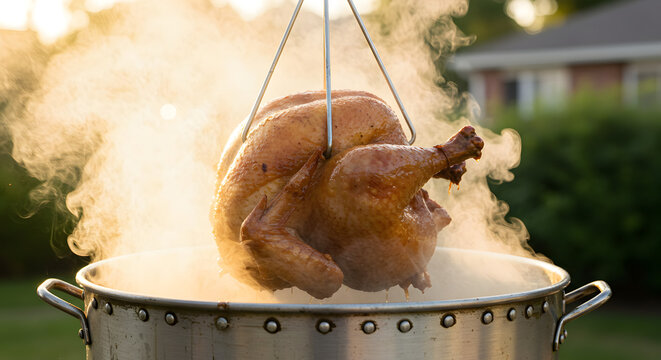 Golden Brown Deep Fried Turkey Steam Rising From Metal Pot In Outdoor Setting With Blurred Background