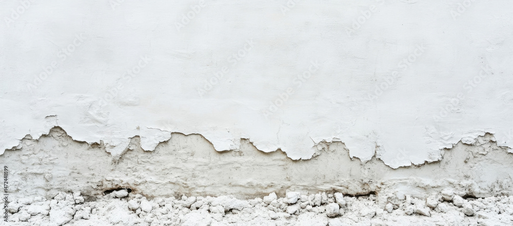Aufkleber A weathered white wall with peeling paint reveals the underlying stone and mortar, creating a textured surface with a rustic, aged aesthetic. : Generative AI