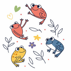 Playful Colorful Watercolor Frogs Illustration