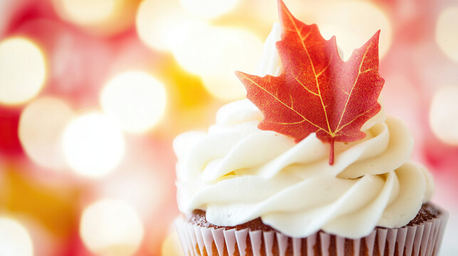 Maple leaf cupcake with white frosting and candlelight, celebrating Canada Day with warmth and joy