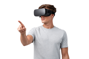 Young man wearing virtual reality headset and pointing forward, isolated on transparent background.
