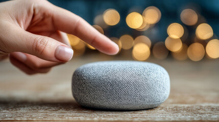 A person is pointing at a small device on a table. The device is a smart speaker, and the person is likely trying to activate it or give it a command