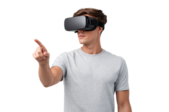 Young man wearing virtual reality headset and pointing forward, isolated on transparent background.