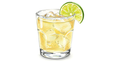 Tommy's Margarita cocktail with lime wheel and ice cubes in a clear lowball glass. Watercolor illustration isolated on white background. Tequila-based summer drink. Mexican cocktail concept
