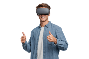 Young man wearing virtual reality headset and showing thumbs up sign, isolated on transparent background