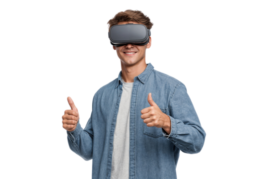 Young man wearing virtual reality headset and showing thumbs up sign, isolated on transparent background