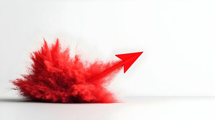 Red upward arrow exploding with red powder on a white background