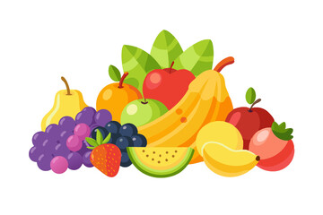 Colorful  Set of Fresh Fruits – Flat Design Illustration of Apples, Bananas, Berries, and More