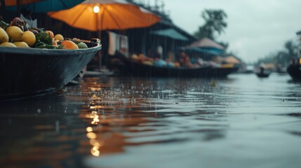 Obraz premium Rainy day at Vietnamese floating market with fruit vendors navigating wet river commerce