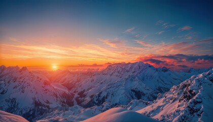 a vibrant orange and pink sunset casts a warm glow over a vast, snow-covered mountain range.