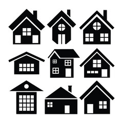 Collection of House Silhouettes with Varied Architectural Styles Vector