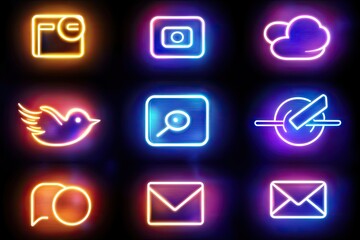 Neon social media icons. Colorful glowing app symbols on a dark background