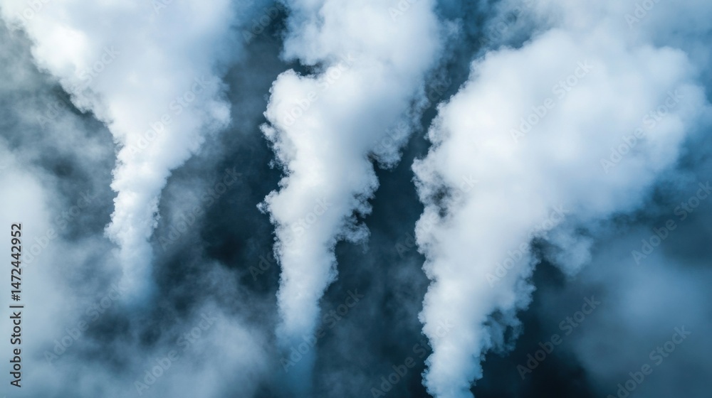 Poster aerial view of three distinct plumes of white smoke rising against a dark teal sky, creating a drama
