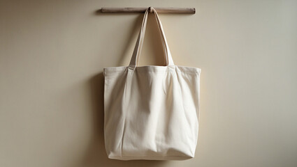 Canvas tote mockup hanging on wooden peg, blank and ready for branding, soft daylight and neutral wall background.