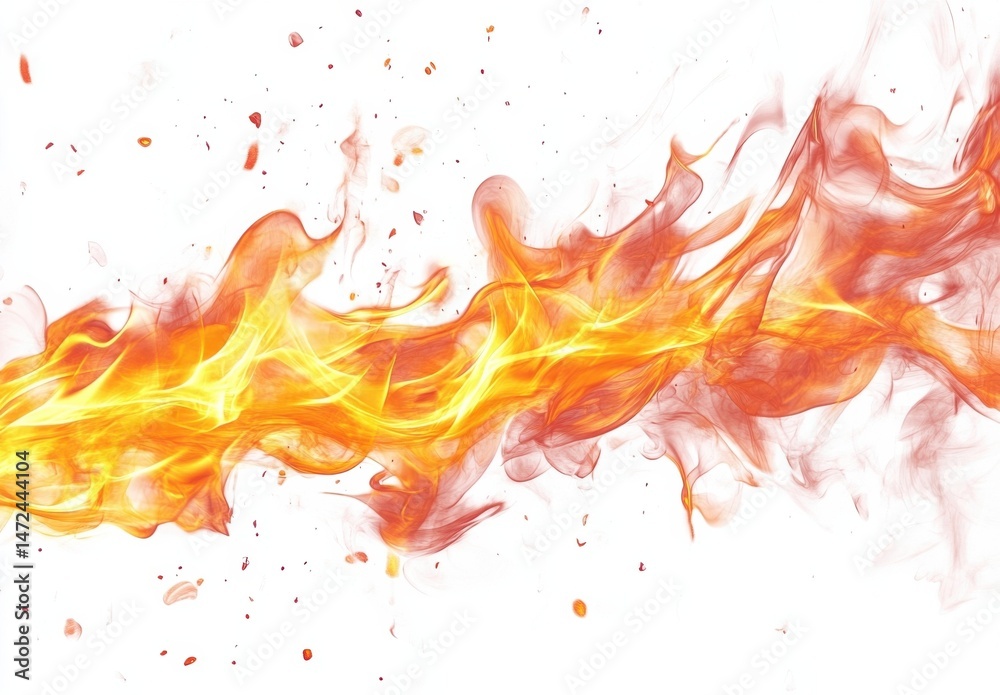 Poster abstract fiery stream, orange and yellow flames, flowing design element, isolated on white backgroun