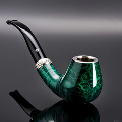 A glossy emerald-green smoking pipe with silver rings and a polished black stem 