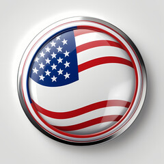 A glossy circular badge displaying the American flag with vibrant red, white, and blue stripes, symbolizing patriotism and unity, isolated 