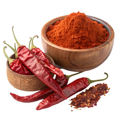 Fresh red hot chili pepper in a wooden bowl on a transparent background