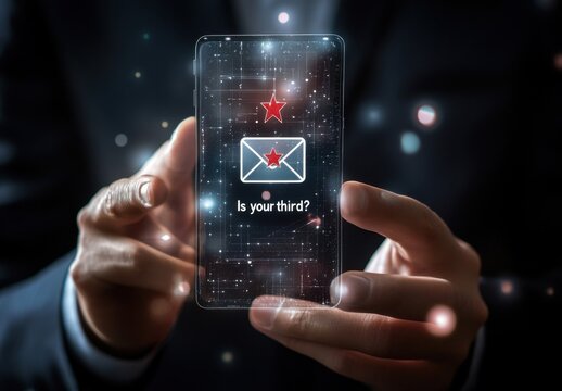 Businessperson reviewing important email notification on transparent smartphone screen, showcasing a red star marking for priority. : Generative AI