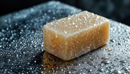 a rectangular block of golden brown sugar rests on a dark, wet surface, glistening with tiny water droplets.