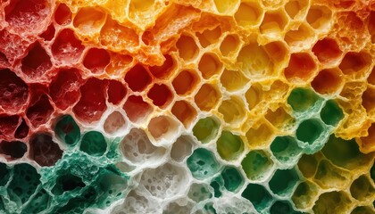 a richly textured close-up reveals the vibrant, honeycomb-like structure of a sea sponge displaying gradients of red, orange, green, and white.