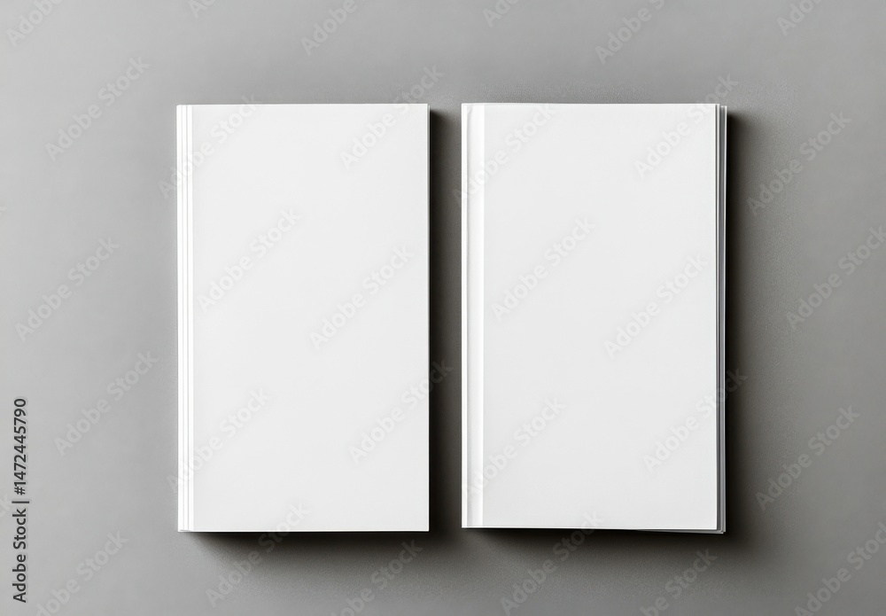 Poster Two blank white books lie open and closed on a gray surface, providing a clean template for design or publishing projects. : Generative AI
