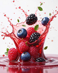 Dynamic Splash of Red Liquid with Fresh Blackberries, Blueberries, and Raspberries Suspended in Mid-Air, Highlighting Vibrant Colors and Juiciness
