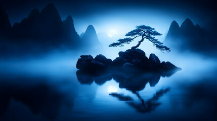 Solitary pine on a misty island, reflected in serene water, mountains in background