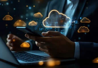 Businessperson using smartphone, laptop, interacting with digital cloud computing interface; glowing network, data, technology concept. : Generative AI